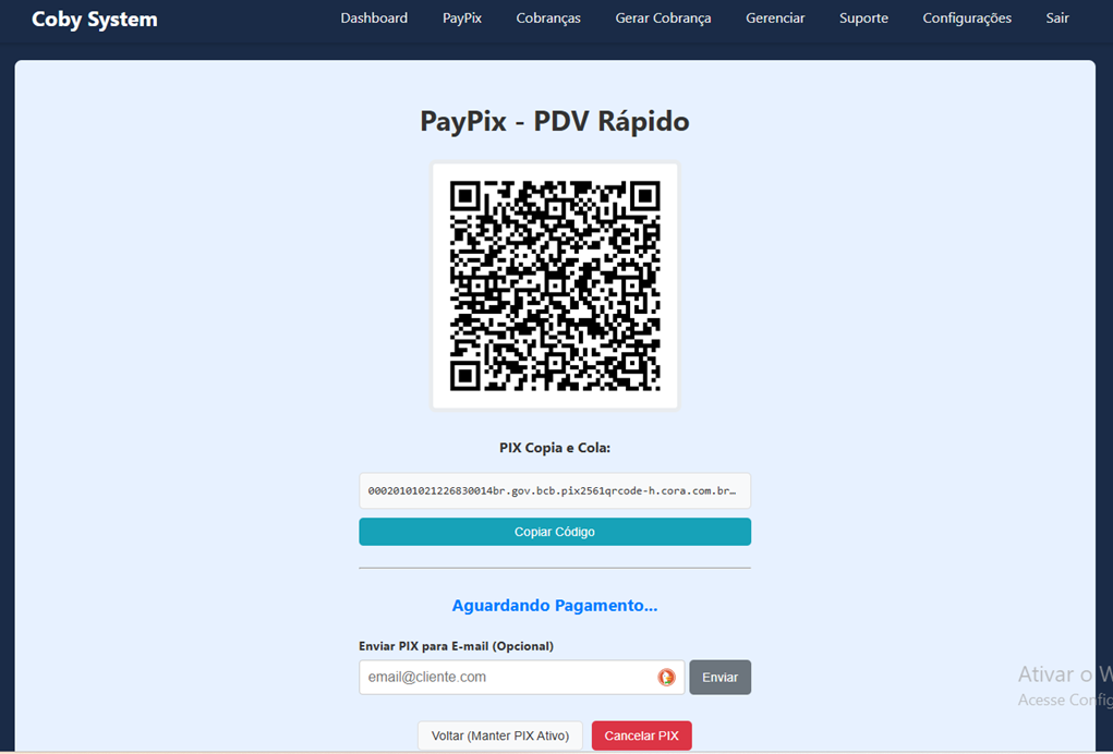 Tablet exibindo um QR Code do PayPix sendo escaneado por um smartphone